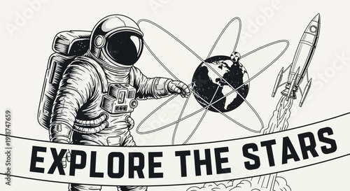 Astronaut Explores Stars with Rocket and Earth Illustration