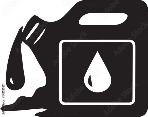 Black and white graphic icon illustrating liquid flowing from a fuel container with a central drop symbol