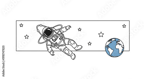 Astronaut floating in space near planet earth, hand drawn illustration