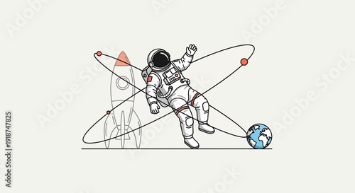 Astronaut Floating in Space Near Rocket and Earth, Cosmic Journey