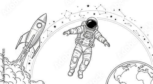 Astronaut Floating in Space Near Rocket and Earth, Cosmic Stars and Constellations