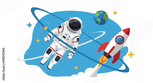 Astronaut Floating in Space Near Rocket and Earth, Outer Space Exploration