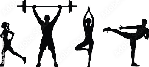Fitness Training Silhouettes Set, Man and Woman Exercising Running Weightlifting Yoga and Kickboxing Isolated on White Background Vector Illustration