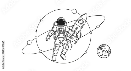 Astronaut Floating in Space Near Rocket and Planets, Orbiting Earth