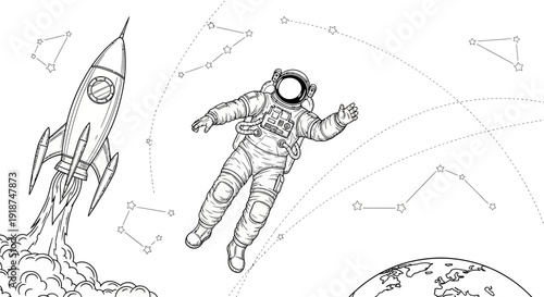 Astronaut floating in space next to rocket and Earth, line art