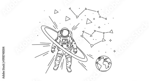 Astronaut Floating in Space with Planets and Constellations - Line Art