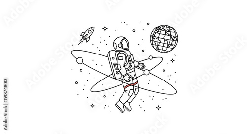 Astronaut Floating in Space with Rocket and Earth Illustration
