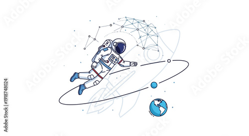 Astronaut Floating in Space with Rocket and Earth Illustration