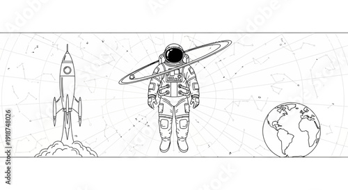 Astronaut Floating in Space with Rocket and Earth Illustration