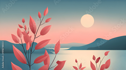 Nature. Vector minimal geometric abstract illustration of plant and leaf, landscape, sea and ocean and mountains in sunset with simple gradient for poster, background or cover Stock Vector