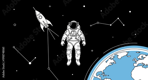 Astronaut floating in space with rocket and planet earth, constellation