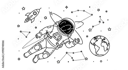 Astronaut floating in space with rocket and planet earth illustration