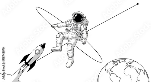 Astronaut floating in space with rocket and planet Earth