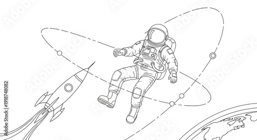 Astronaut Floating in Space with Rocket and Planets