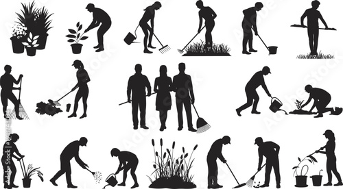 Gardening people silhouette set with workers planting, watering and raking, garden maintenance activity vector illustration, landscaping teamwork scene isolated background