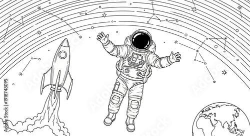 Astronaut floating in space with rocket and stars, cosmic adventure, science illustration