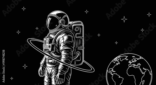 Astronaut in Space with Earth and Stars - Black and White Illustration