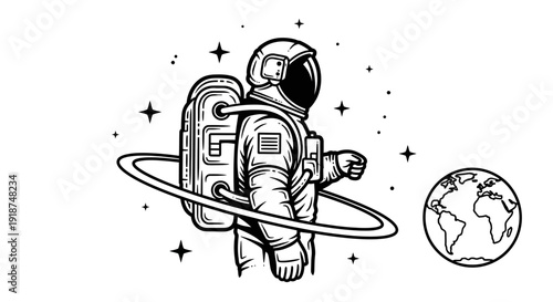 Astronaut in Space with Earth and Stars - Vector Illustration