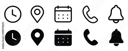 Assortment of simple graphic icons for time, address, date, telephone, and notifications