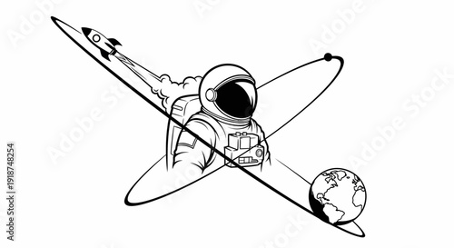 Astronaut in Space with Rocket and Earth Orbiting