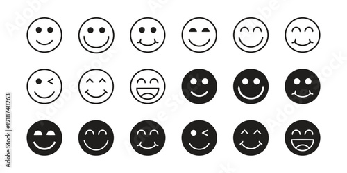 Assortment of smiley face icons conveying various emotions and expressions