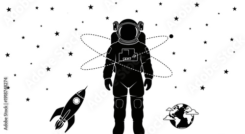 Astronaut in Space with Rocket, Earth, and Stars