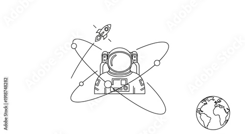 Astronaut in Space with Rocket, Orbiting Planets and Earth Icon