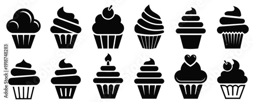 Assortment of stylized cupcakes with various frosting and toppings for sweet treats