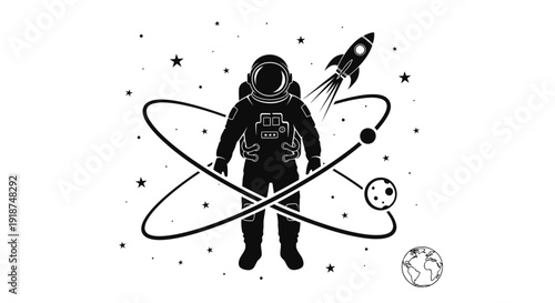 Astronaut in Space with Rocket, Planets, Stars, and Atom Symbol