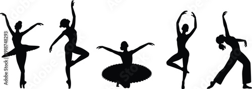 Ballet Dancer Silhouettes Collection, Female Ballet Poses Set Isolated on White Background Classical Dance Vector Illustration