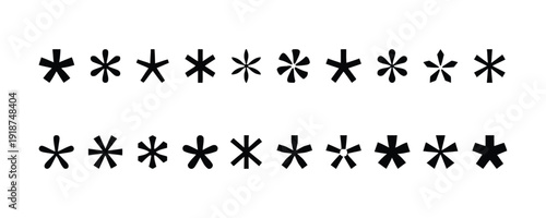 Asterisk symbols in various styles, decorative elements for design