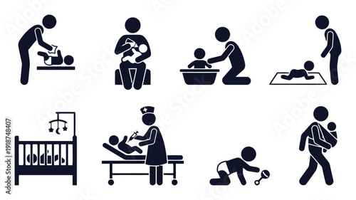 Baby care and development icons showing feeding bathing changing and playing with toys