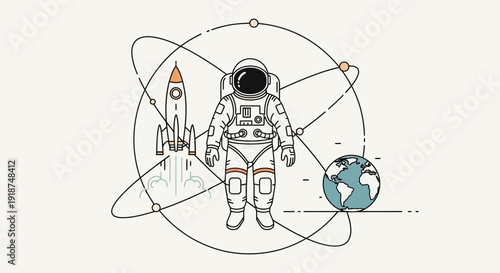 Astronaut, Rocket, and Earth in Space - Science and Exploration Illustration