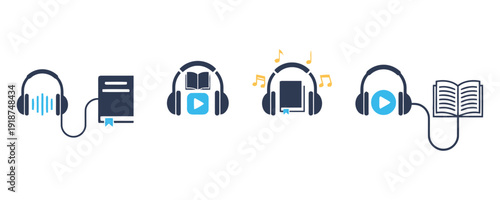 Audiobook listening experience headphones book and play symbols