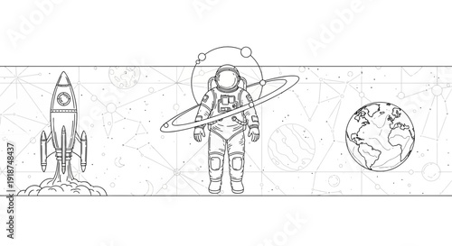 Astronaut, Rocket, and Earth in Space - Outline Illustration