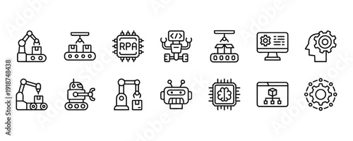 Automation and technology icons collection representing industrial robots, manufacturing, programming and artificial intelligence