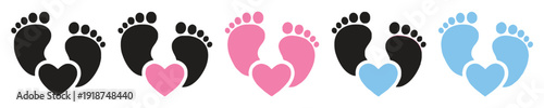 Baby footprint icons with hearts in black pink and blue colors