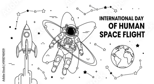Astronaut, Rocket, Earth, Constellations - International Day of Human Space Flight