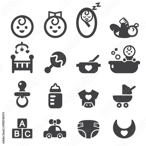 Baby icons and symbols for newborn care and infant items including crib and toys
