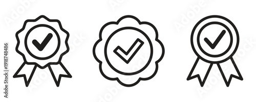 Award ribbon icons with checkmarks, quality assurance symbols, certification and approval badges.