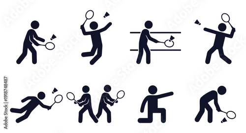 Badminton player action icons set pictogram