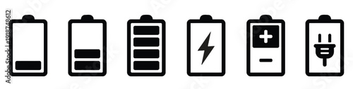 Battery level and charge icons illustrating power status
