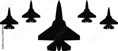 Fighter Jet Silhouettes Formation Set, Military Aircraft Collection Isolated on White Background Air Force Vector Illustration
