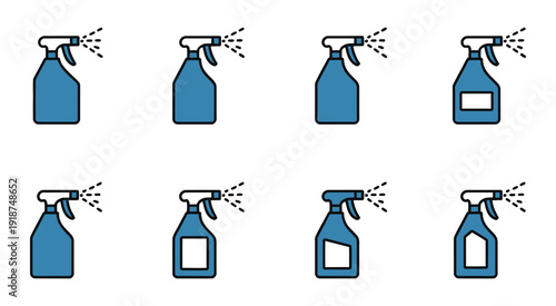 Blue Spray Bottles, collection of modern vector graphics depicting different angles and spraying styles for home
