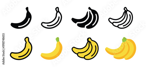 Banana icons, single fruit and bunches, colored and outline styles