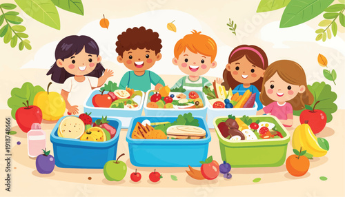 Happy Diverse Children with Healthy Packed Lunch Boxes - Nutrition and School Meals Illustration