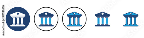 Bank building icons set in various styles and colors