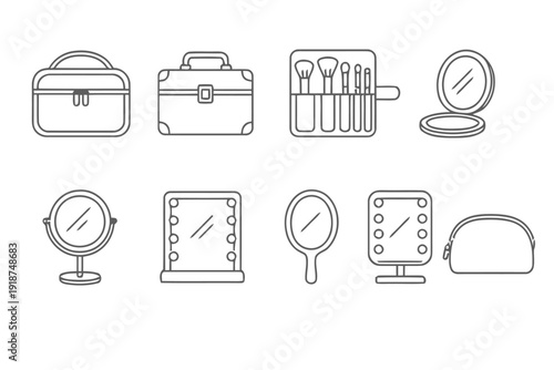 Beauty makeup case, brushes, mirrors, and cosmetic bag for fashion themes