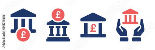 Bank building icons with pound sterling symbol, representing financial institutions