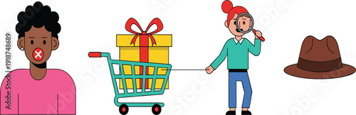 Flat vector icon set – shopping, customer support, gift cart, search and hat symbols